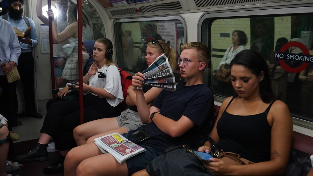 Image: Commuters on the Bakerloo line in central London.