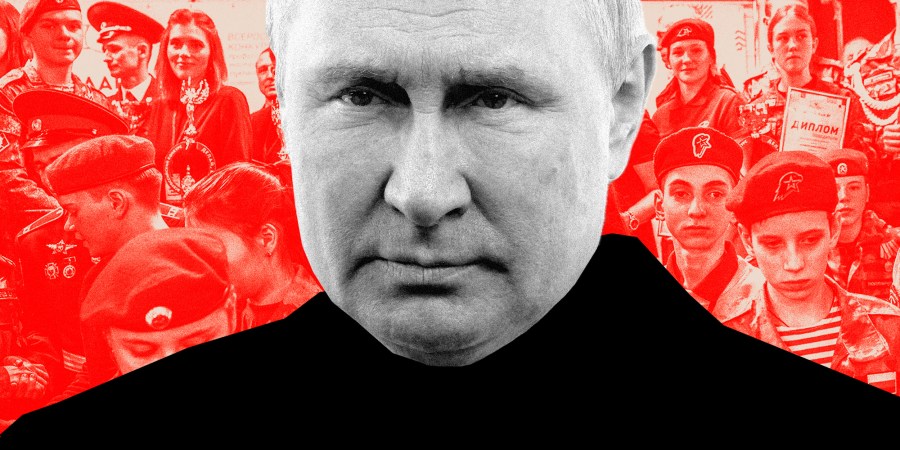 Photo illustration: Silhouette of Vladimir Putin against a red background with an image of students in uniforms.