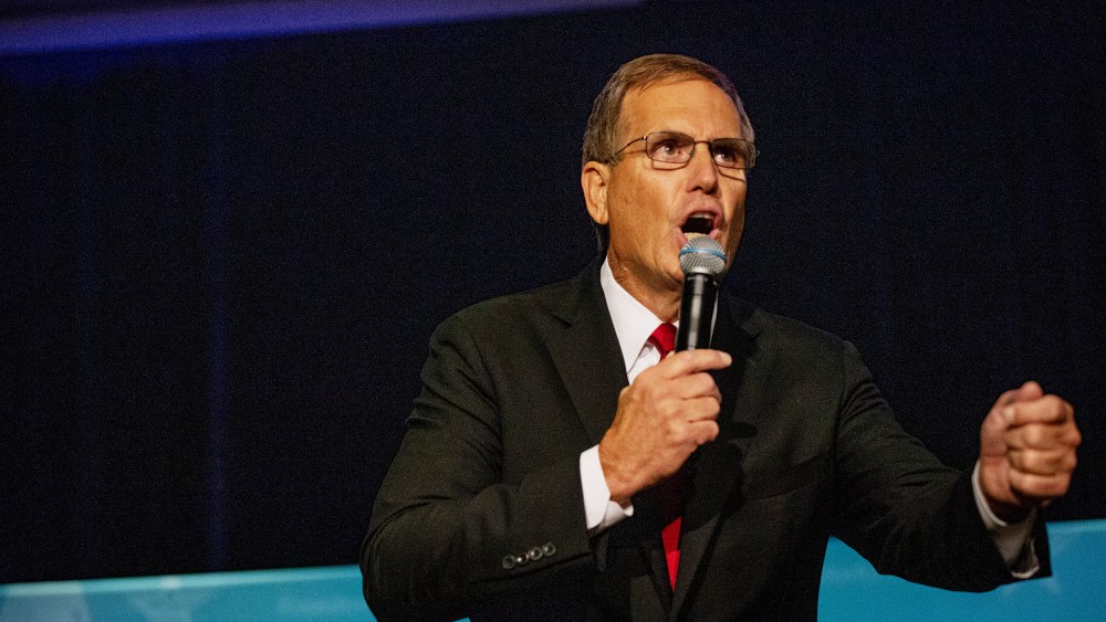 Jim Lamon speaks to a crowd of Republican voters at the party's primary debate for the U.S. Senate in Phoenix on June 23.
