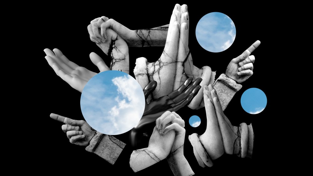 Photo illustration: Fractures and broken pieces of statues of folded and praying hands coming together with small windows showing parts of the sky.
