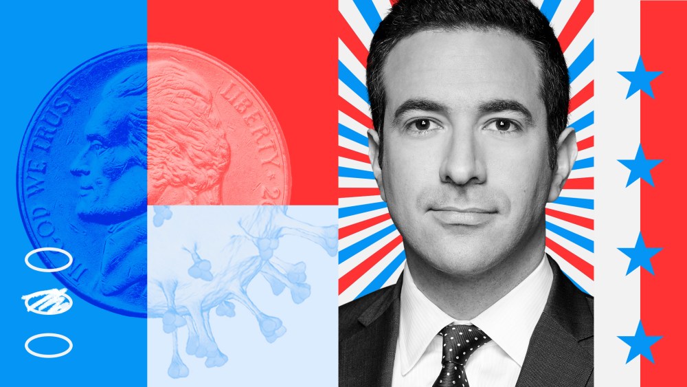 Photo illustration: A mosaic with images of a coin, a Covid spore, Ari Melber, with overlays showing oval boxes from the ballot and stars.