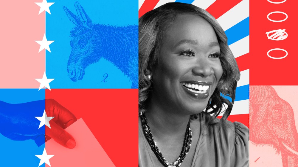 Photo illustration: A mosaic with illustrations of a donkey, an elephant, images of a hand voting and Joy Reid, with overlays showing oval boxes from the ballot and stars.