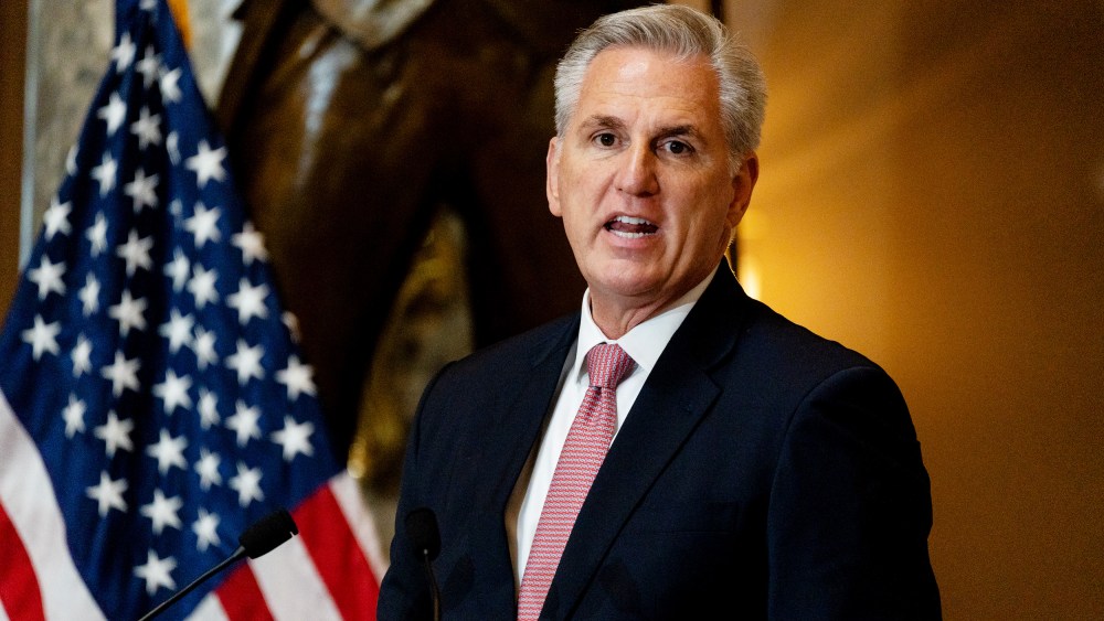 House Minority Leader Kevin McCarthy speaks during a ceremony unveiling a statue of Amelia Earhart in Statuary Hall at the U.S. Capitol in Washington, D.C. on Wednesday.