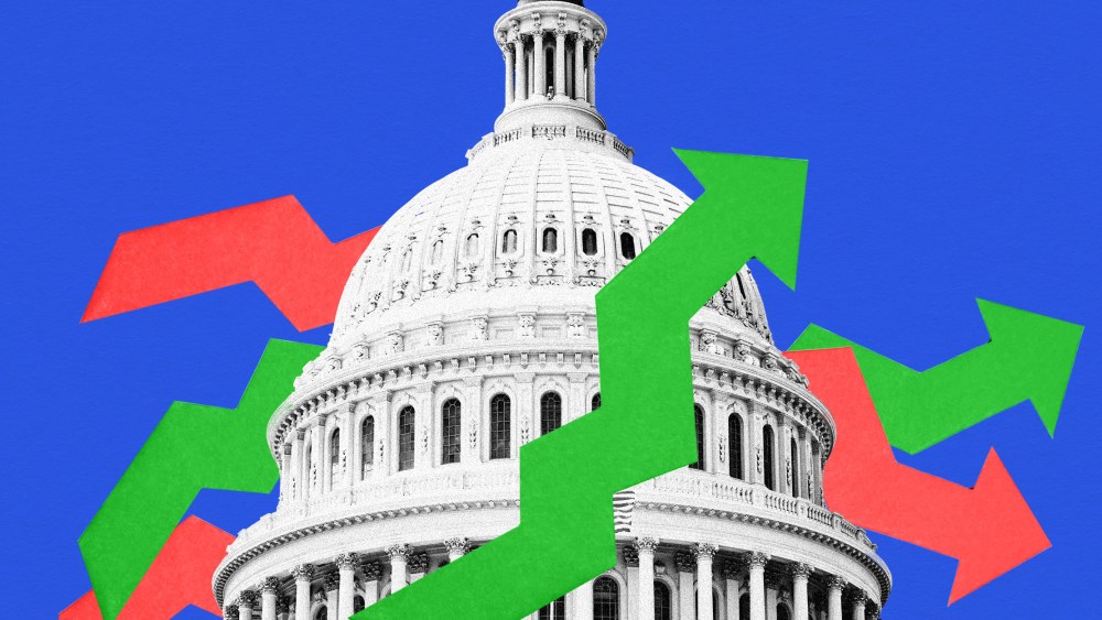 Photo illustration: Red and green arrows going above and behind the Capitol dome.