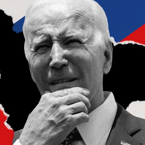 Photo illustration: Joe Biden surrounded by torn paper pieces with the Chinese, Russian and Iranian flags on three sides.