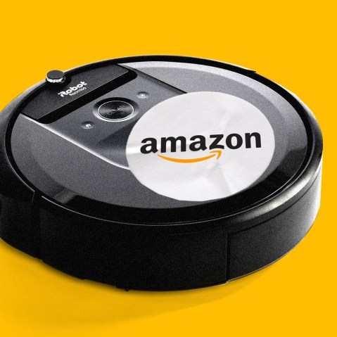 Photo illustration: A Roomba with a sticker with an Amazon logo on it.