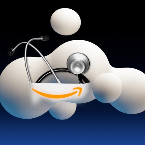 Photo illustration: A cloud with the Amazon logo holding a stethoscope.