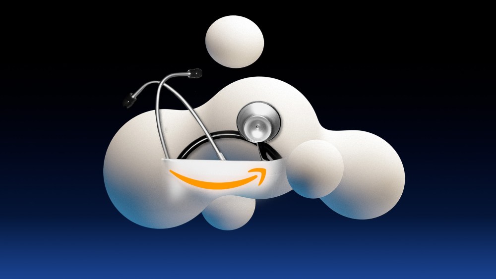 Photo illustration: A cloud with the Amazon logo holding a stethoscope.