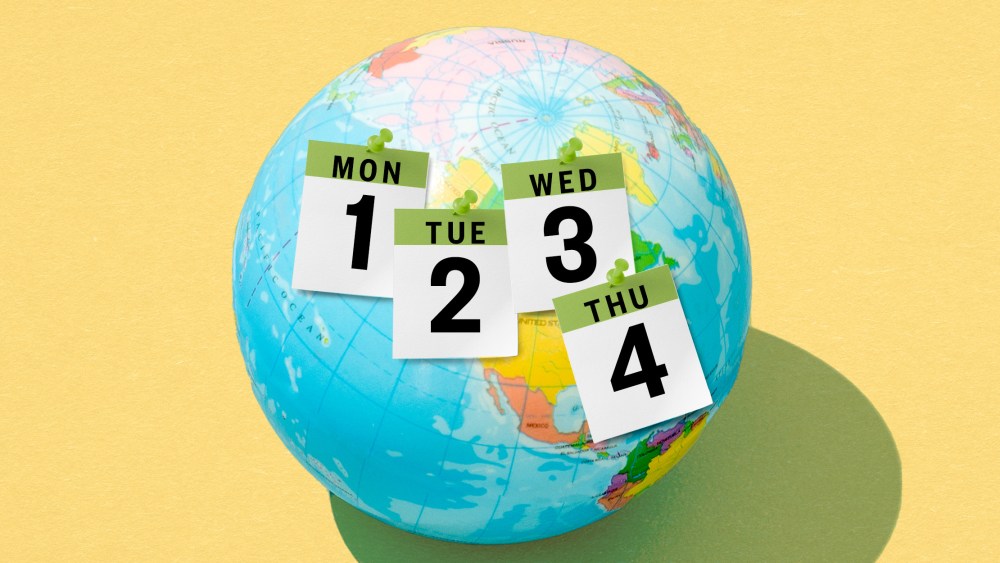 Photo illustration: Four calendar pages showing days from Monday to Thursday pinned onto a globe.