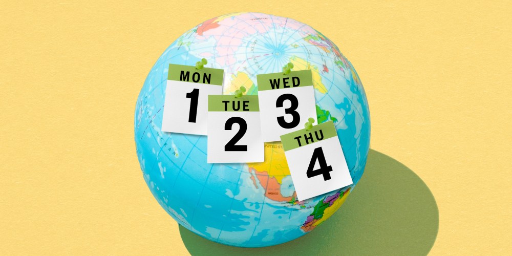 Photo illustration: Four calendar pages showing days from Monday to Thursday pinned onto a globe.