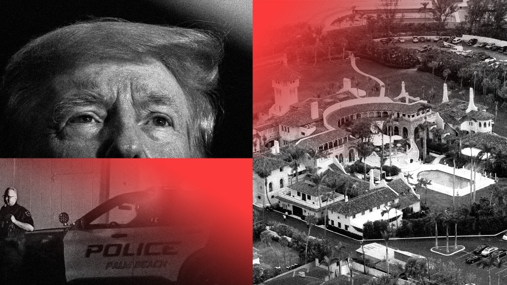 Photo illustration: A collage with with images of a police car outside a gate, an aerial view of Mar-a-Lago and a partial view of Donald Trump's face.