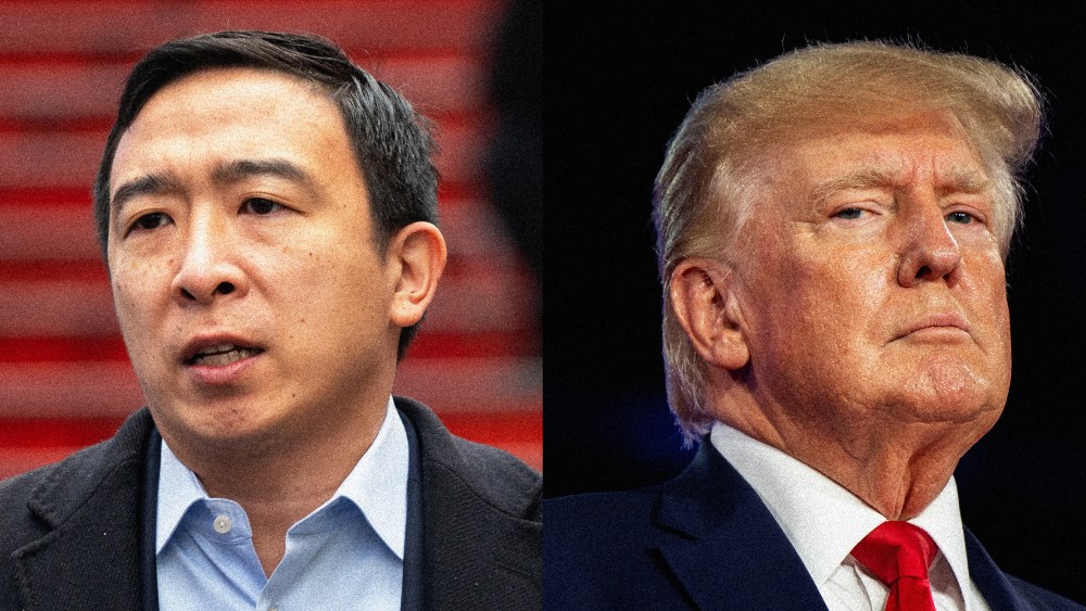 Photo diptych: Andrew Yang and Donald Trump