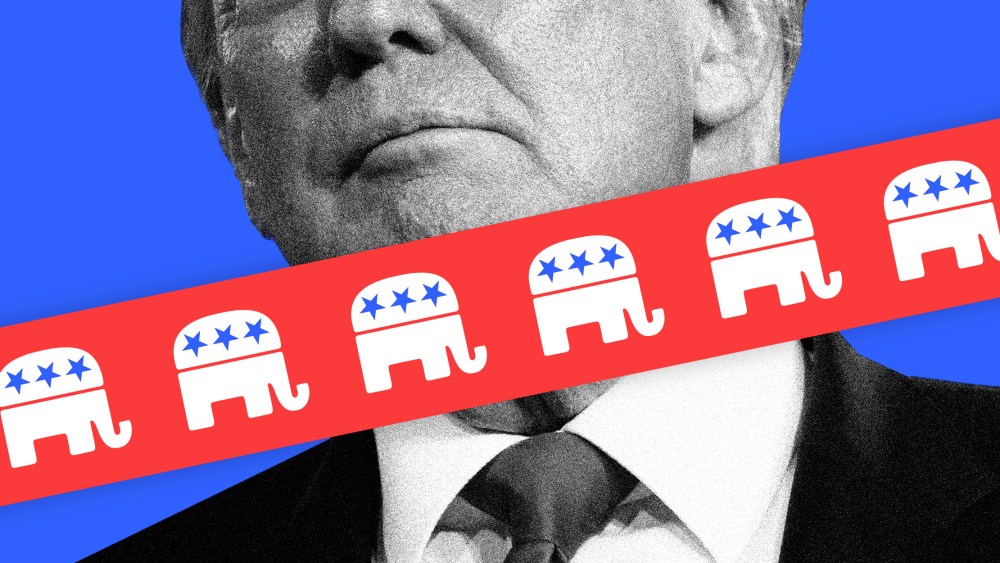 Photo illustration: A tape with repeated logos of the Republican party over a partial view of Donald Trump.