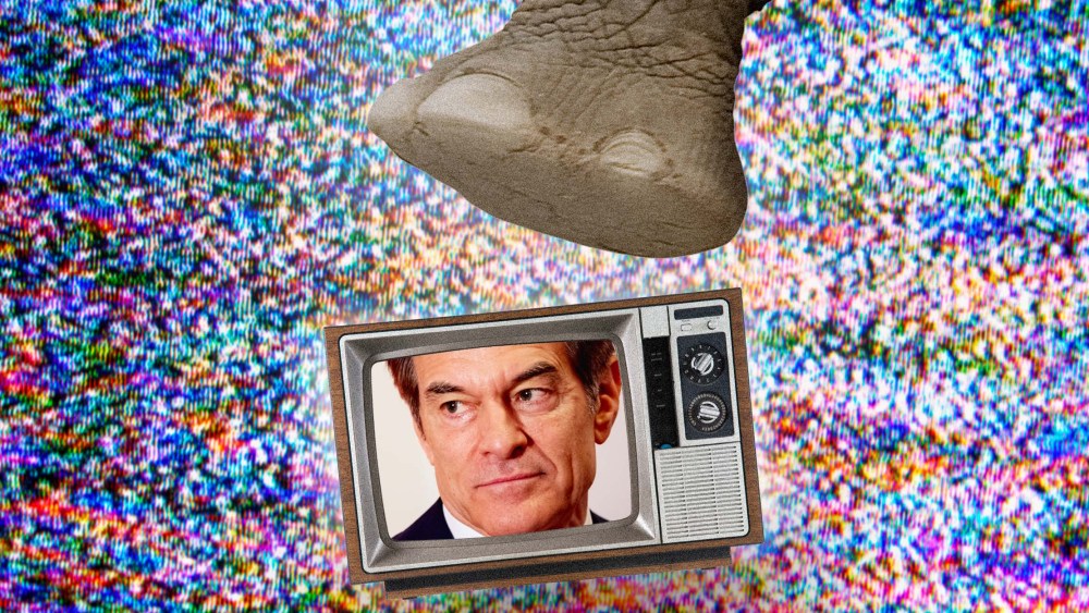 Photo Illustration: An elephant foot stomps on a TV with Dr. Oz on the screen