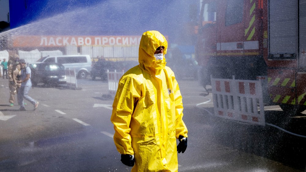 A Ukrainian Emergency Ministry rescuer attends an exercise in the city of Zaporizhzhia on Wednesday in case of a possible nuclear incident at the Zaporizhzhia nuclear power plant located near the city.