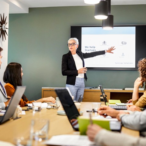 Senior professional giving presentation in meeting