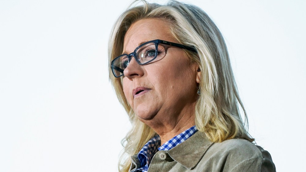 Rep. Liz Cheney, R-Wyo., speaks on Aug. 16, 2022, at a primary election day gathering at Mead Ranch in Jackson, Wyo.