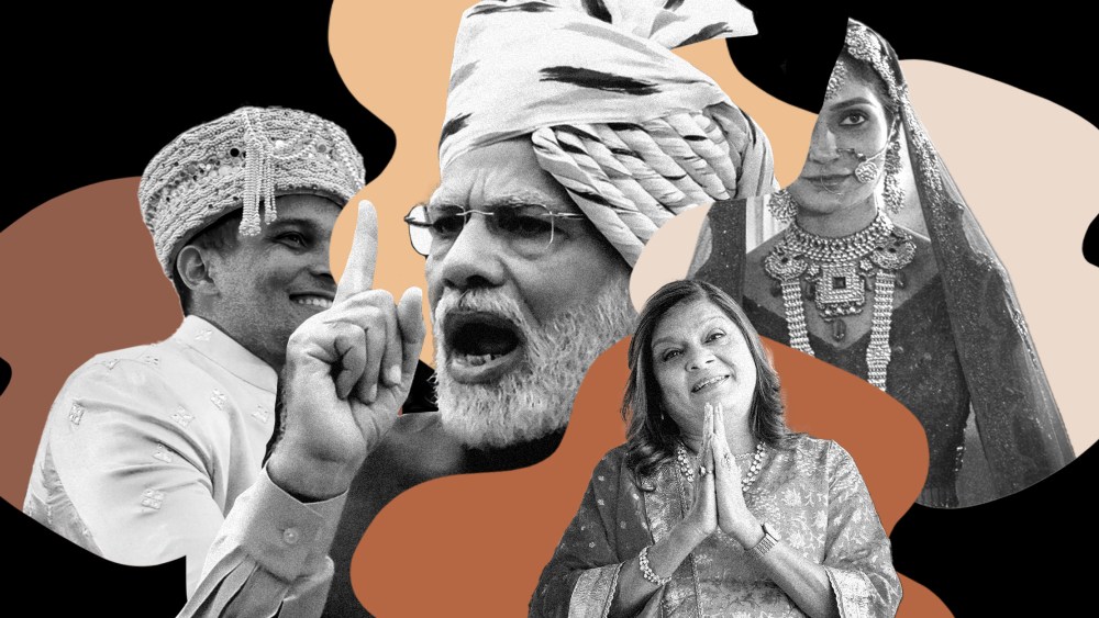 Photo illustration: Stills from the Netflix series "Indian Matchmaking" interspersed with an image of Narendra Modi speaking and patches of different skin tones.