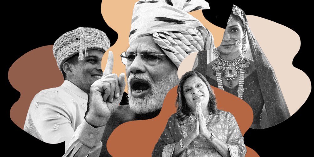 Photo illustration: Stills from the Netflix series "Indian Matchmaking" interspersed with an image of Narendra Modi speaking and patches of different skin tones.