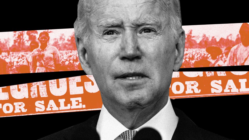 Photo illustration: Image of Biden against strips in the background showing images of children and an adult man and woman in a cotton field and text that reads,"For Sale".