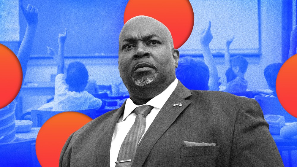 Photo illustration: A cutout of Marc Robinson against a background showing children raising hands in a classroom with empty red circles on it.