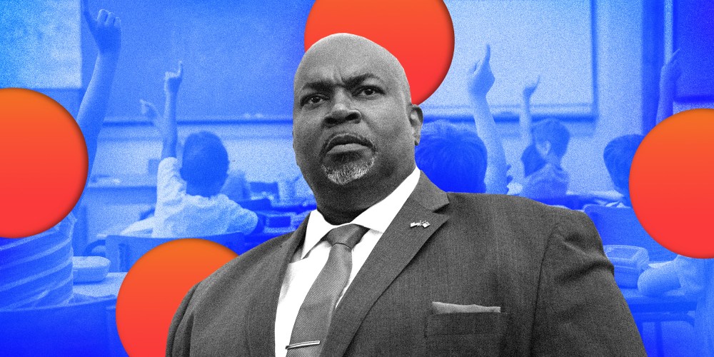 Photo illustration: A cutout of Marc Robinson against a background showing children raising hands in a classroom with empty red circles on it.