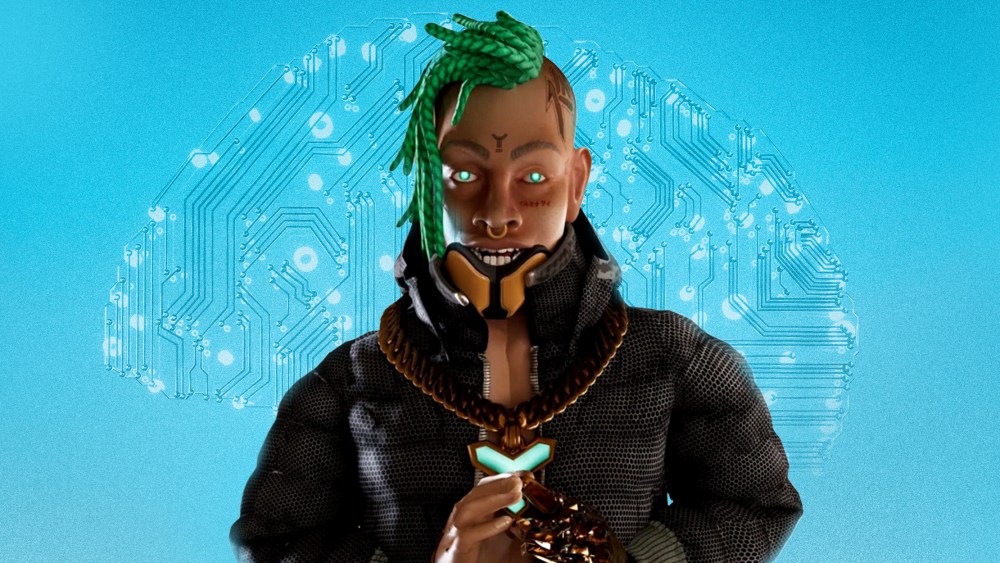 Photo illustration: Capitol Records' computer-generated rapper dubbed FN Meka shown against a blue background with a brain shaped circuit.