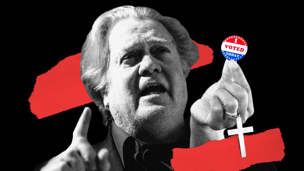 Photo illustration: Steve Bannon next to a hand holding a sticker that reads,"I Voted Today" as a chain with cross hangs through the fingers.