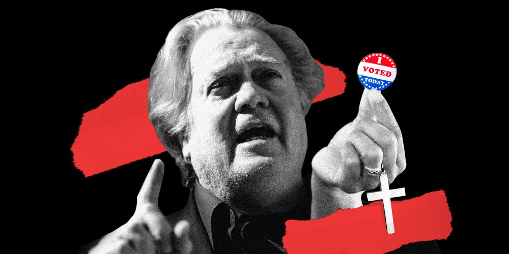 Photo illustration: Steve Bannon next to a hand holding a sticker that reads,"I Voted Today" as a chain with cross hangs through the fingers.