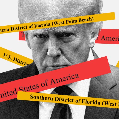 Photo illustration: Yellow and red strips of text overlap each other and a cut out of Donald Trump. The text reads,"Trump v. United States", "Southern District of Florida (West Palm Beach) and "U.S. District Court".