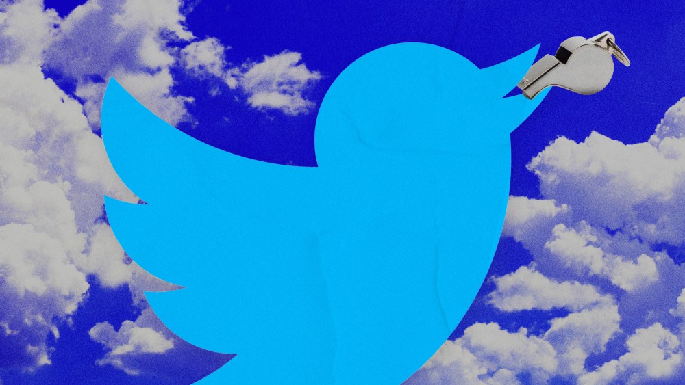 Photo illustration of the Twitter bird logo blowing a whistle against a blue sky and clouds.