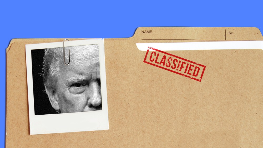 Photo illustration: A folder with a stamp that reads,"Classified" and a photo showing a partial view of Trump.