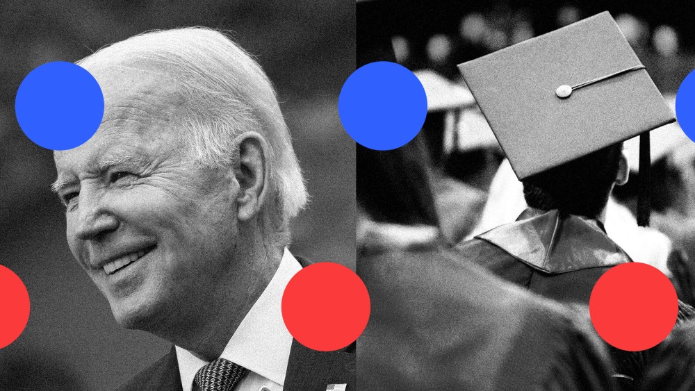 Photo illustration: Blue and red dots over a photo split showing Joe Biden and backs of students sitting with graduation caps.