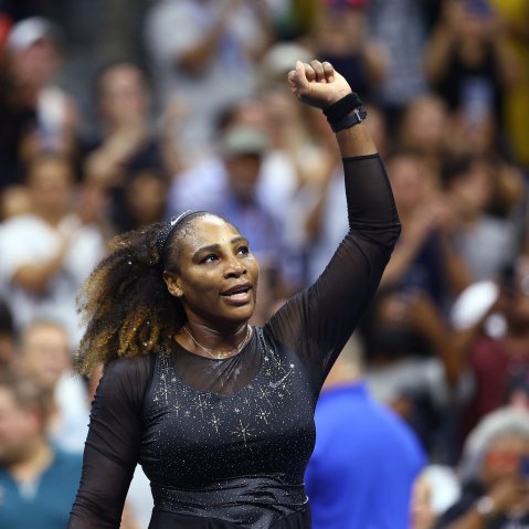 Serena Williams celebrates after defeating Danka Kovinic of Montenegro in a first round match at the U.S. Open on Aug. 29, 2022.