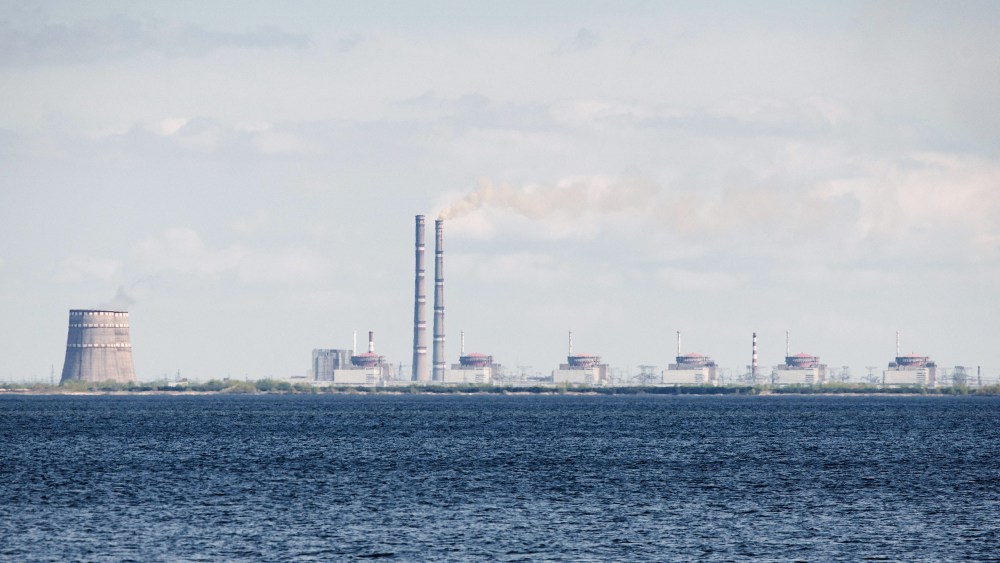 A general view shows the Zaporizhzhia nuclear power plant, situated in the Russian-controlled area of Enerhodar, seen from Nikopol in April 27.