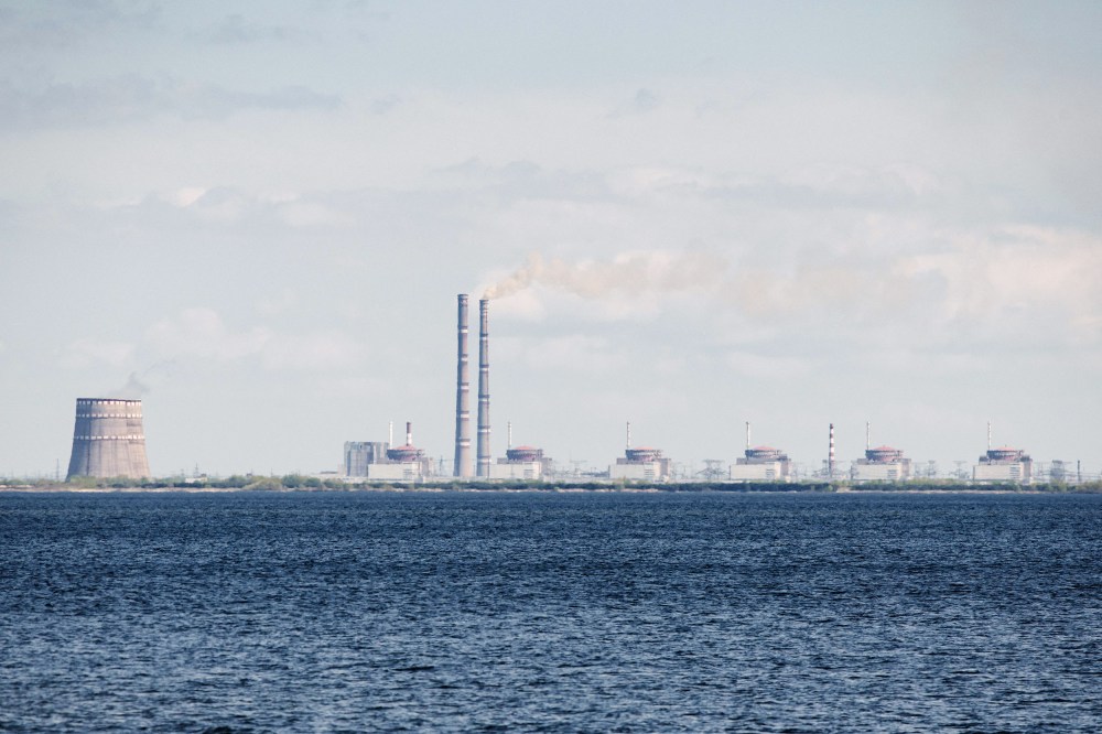 A general view shows the Zaporizhzhia nuclear power plant, situated in the Russian-controlled area of Enerhodar, seen from Nikopol in April 27.