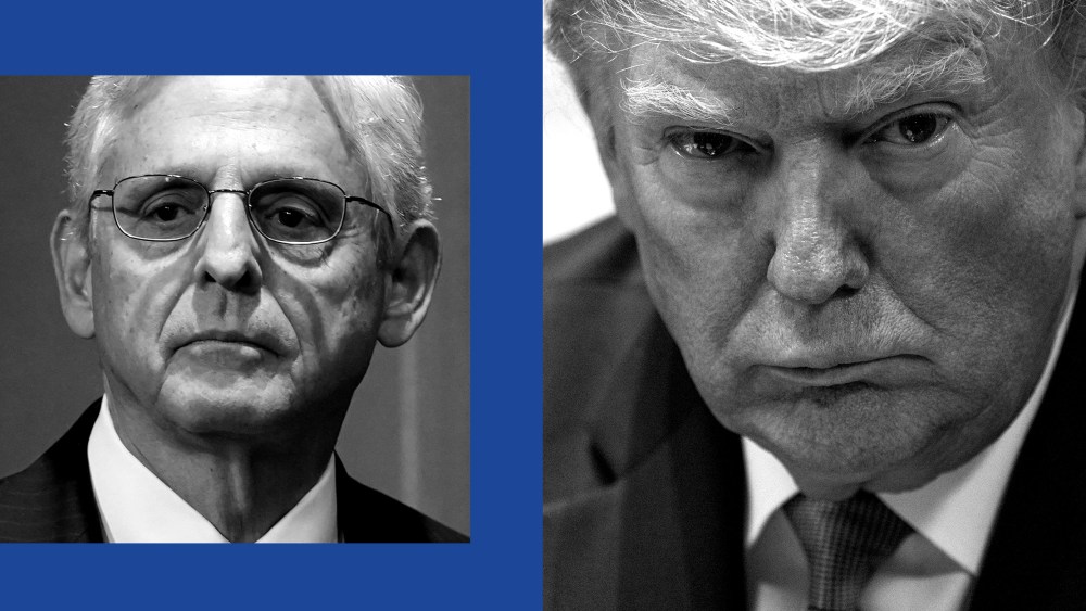 Photo diptych of Merrick Garland and Donald Trump