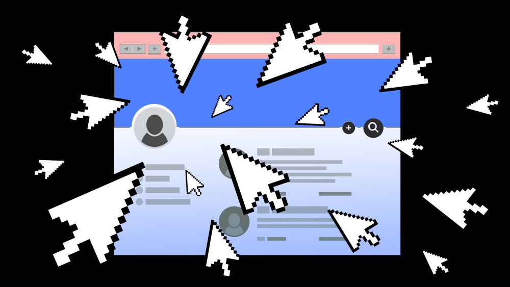 Illustration: Cursors coming at a floating user profile from all sides.