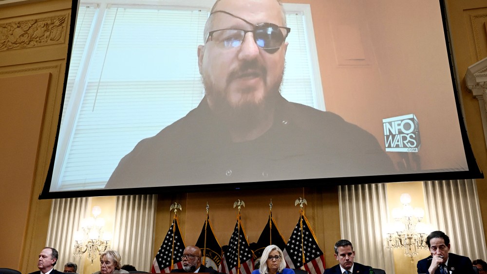 Stewart Rhodes, founder of the Oath Keepers, is seen on a screen during a House Select Committee hearing to Investigate the January 6th Attack on the US Capitol on Capitol Hill in Washington, DC on June 9.