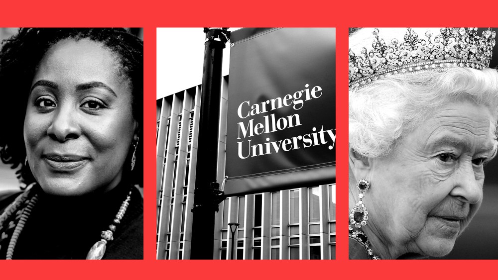 Photo illustration: Three images in a red frame show Uju Anya, a banner reading "Carnegie Mellon University" and Queen Elizabeth II.