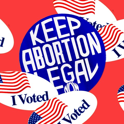 Photo illustration: Stickers that read,"I Voted" stuck all over along with a sticker that reads,"Make Abortion Legal".