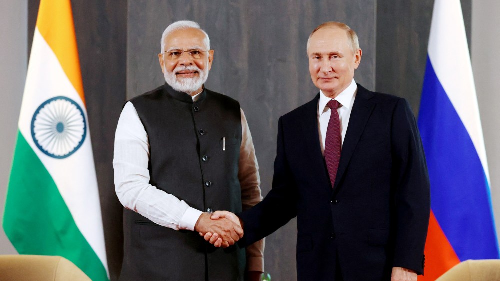Russian President Vladimir Putin meets with India's Prime Minister Narendra Modi on the sidelines of the Shanghai Cooperation Organisation (SCO) leaders' summit in Samarkand on Friday.