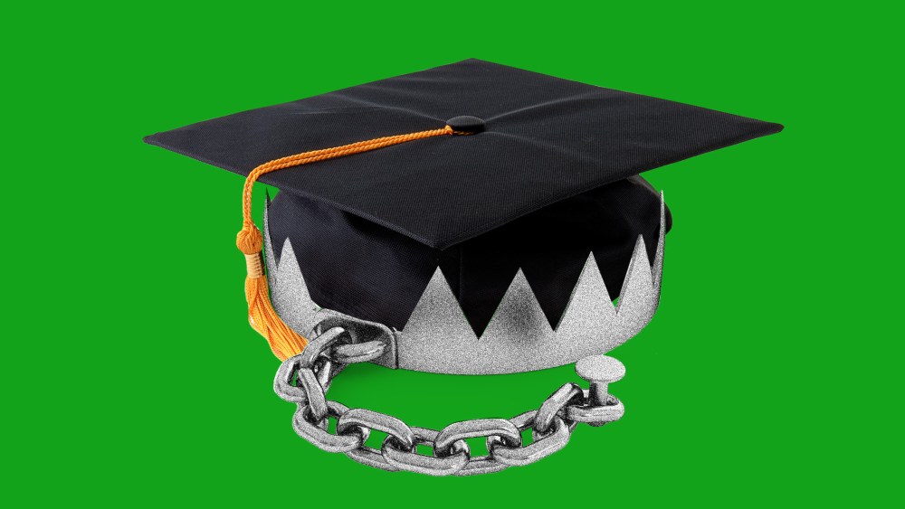Photo illustration: A graduation hat with a bear trap around it.