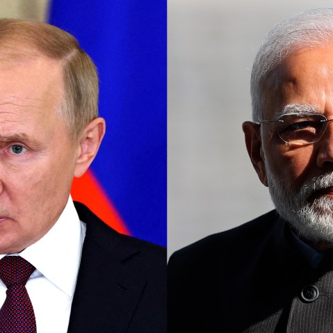 Photo diptych: Vladimir Putin and Narendra Modi