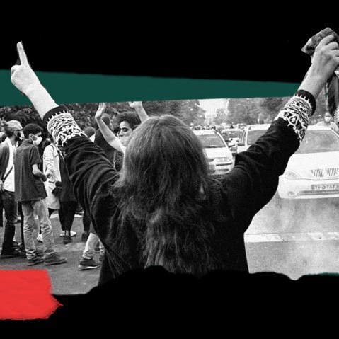 Photo illustration: A piece of paper shows Iranian women protesting with red, white and green colored tapes over it.