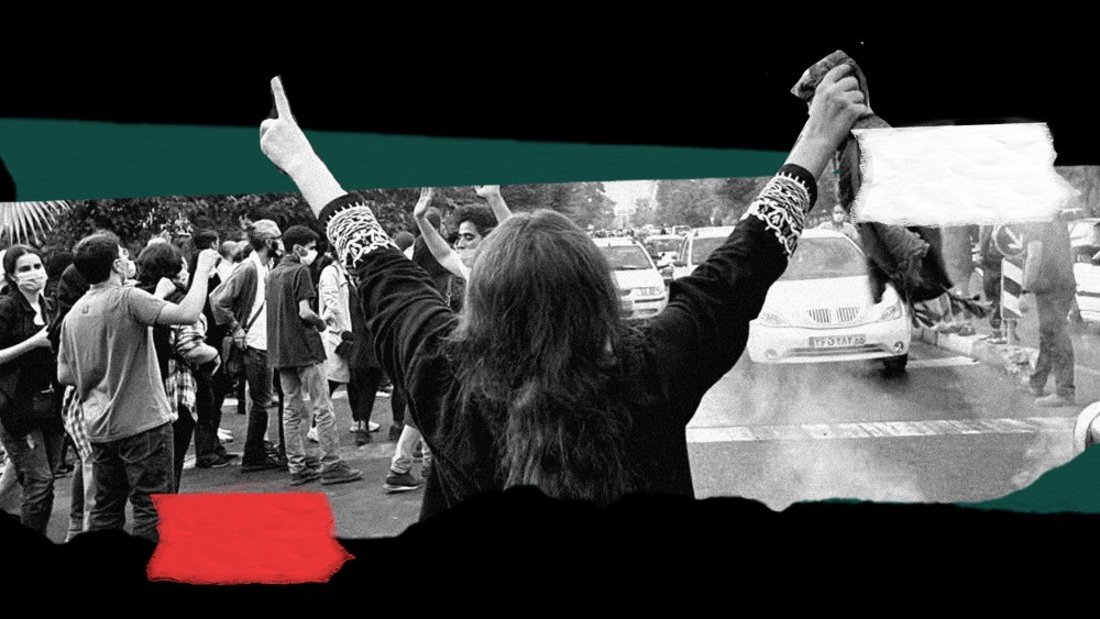 Photo illustration: A piece of paper shows Iranian women protesting with red, white and green colored tapes over it.