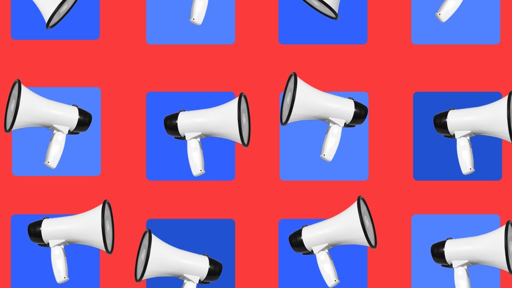 Photo illustration: White megaphones coming out of blue colored tiles against a red background.