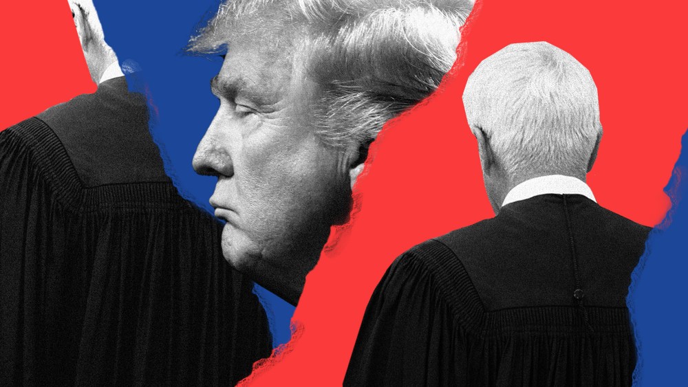 Photo illustration: Image of Donald Trump between red and blue paper pieces and the backs of two judges.