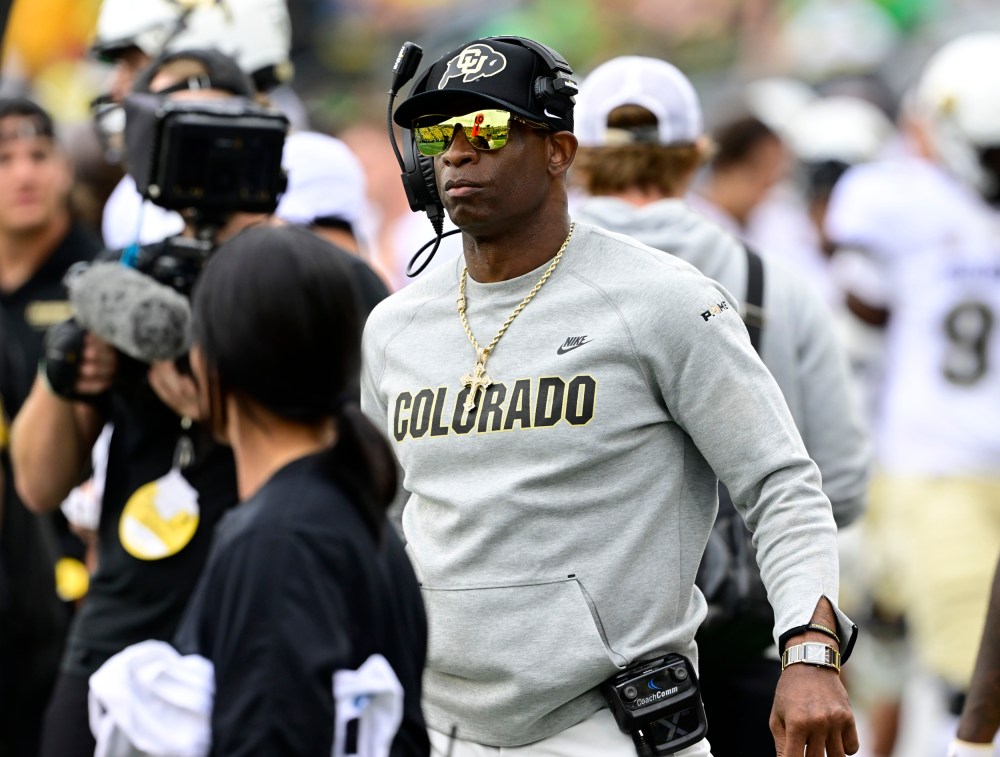 Colorado Buffaloes head coach Deion Sanders during a game against the Oregon Ducks at Autzen Stadium in Eugene, Ore.