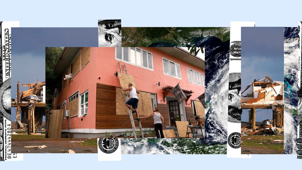 Photo collage: Images showing remnants of a destroyed house after Hurricane Ida and a man preparing his house for Hurricane Ian broken up with strips of a hundred dollar bill.